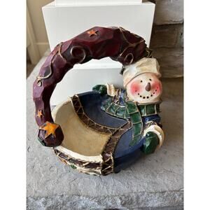 Vintage Christmas Snowman Decorative Candy Basket Centerpiece Resin 3D 90s Y2K
